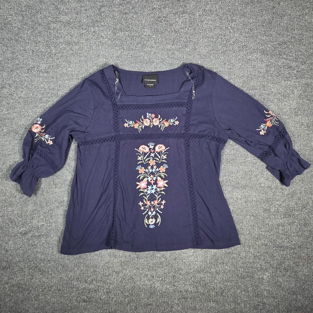 Liv Los Angeles Embroidered Floral Lace Trim Top Navy Blue Square Neck SB1099 L